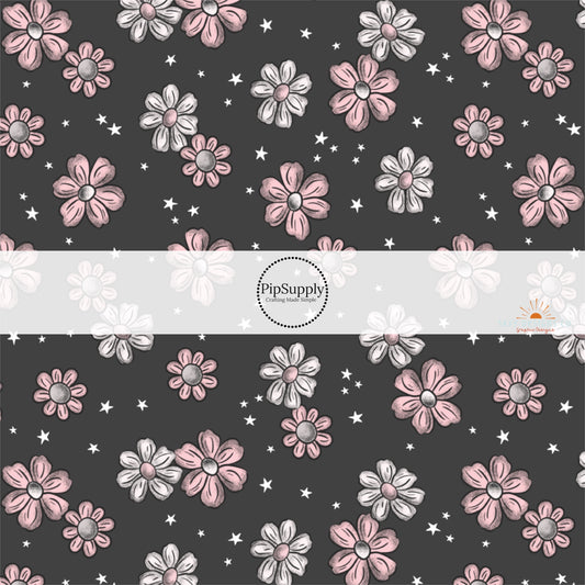 Pink and White Florals and White Stars on Black Fabric by the Yard.