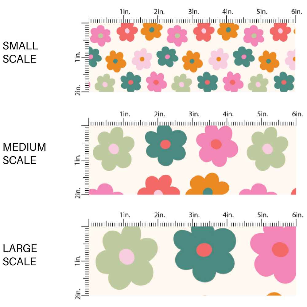 Cream fabric by the yard scaled image guide with pink, green, and orange retro florals.