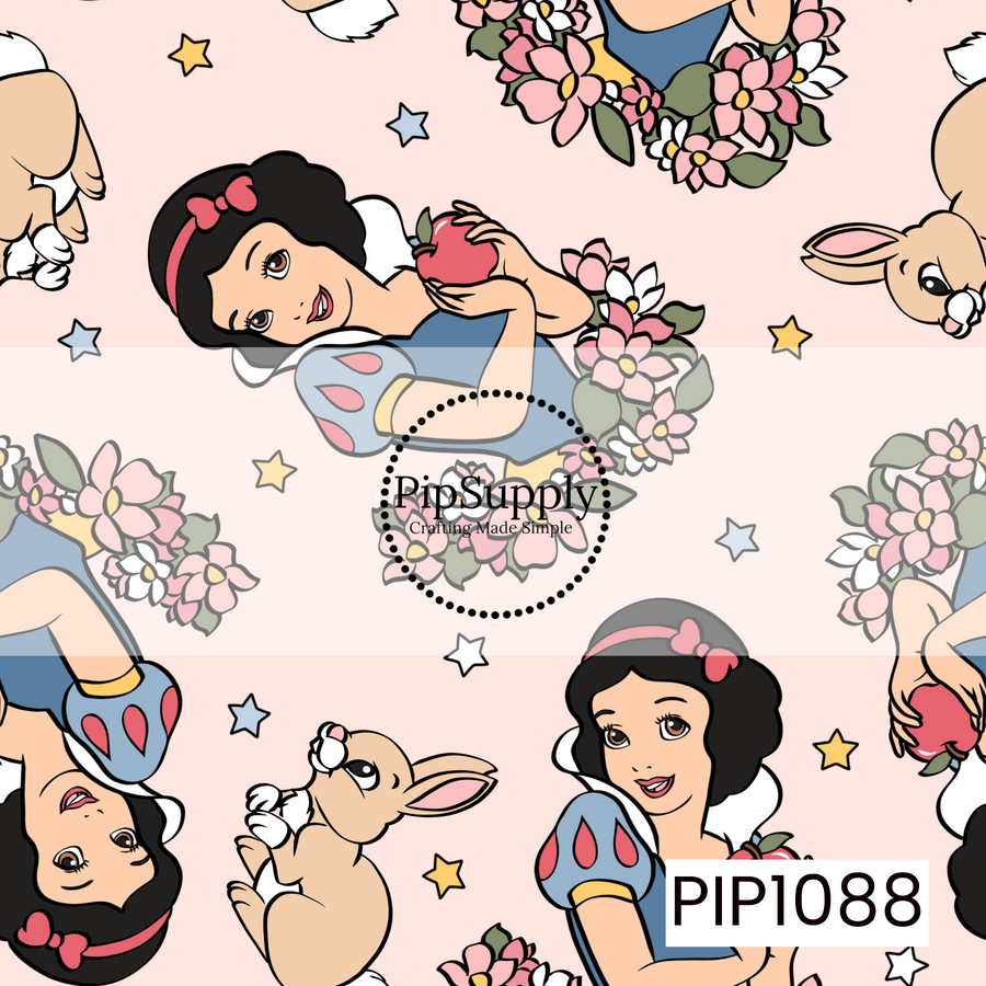 A sweet seamless pattern featuring a classic fairytale princess surrounded by woodland rabbits, delicate pink and white flowers, shiny red apples, and scattered pastel stars on a soft blush pink background. The gentle color palette and charming storybook elements create a whimsical, fairy tale-inspired design with a dreamy, enchanted feel.
