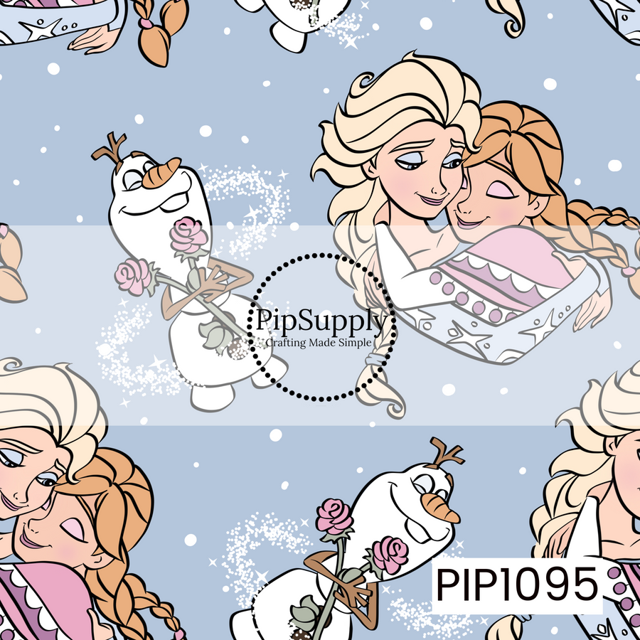 A charming seamless pattern featuring two beloved snow sisters sharing a heartfelt hug alongside their cheerful snowman friend holding pink roses. Set on a soft icy blue background with sparkling snowflakes and glittery swirls, this sweet winter design captures the magic of friendship, love, and cozy snowy adventures.
