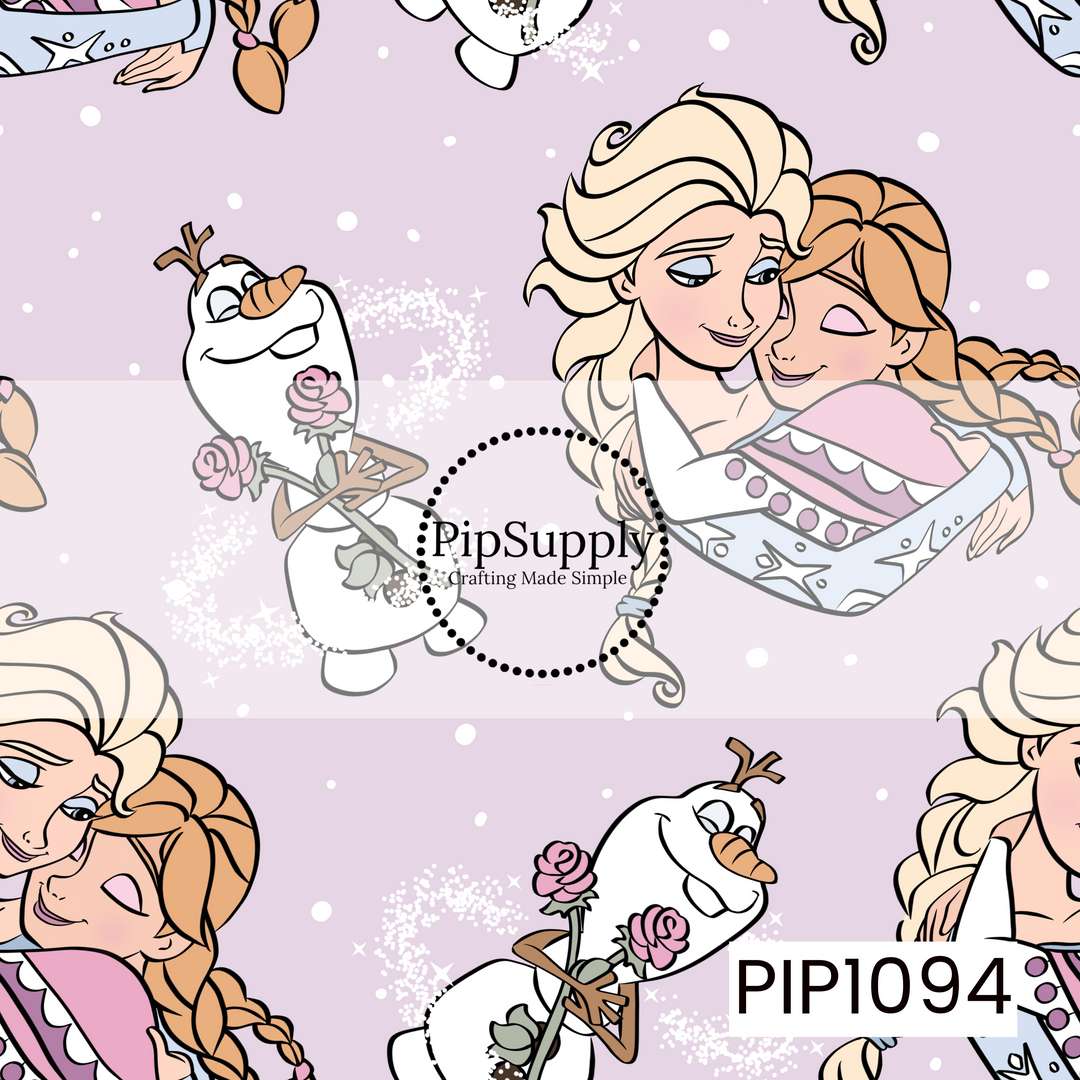 A charming seamless pattern featuring two beloved snow sisters sharing a warm embrace alongside their cheerful snowman friend holding pink roses. Set on a soft lavender background with sparkling snowflakes and glittery swirls, this design has a sweet, cozy winter feel filled with friendship, love, and magical snowy charm.
