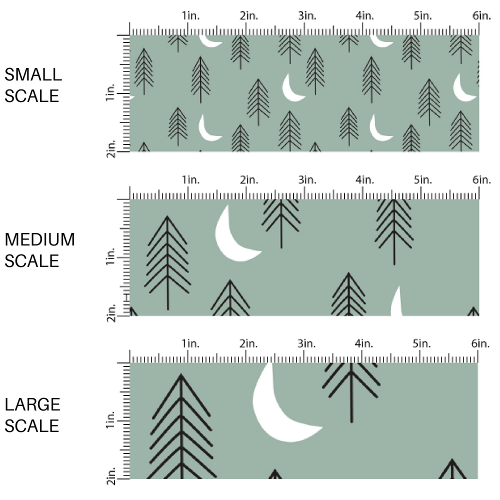 These forest dark sage fabric by the yard scaled image guide  features pine trees and mountains on sage green. This fun mountain themed fabric can be used for all your sewing and crafting needs!