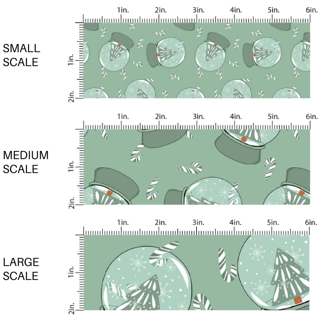 This scale chart of small scale, medium scale, and large scale of these holiday pattern themed fabric by the yard features snow globes with Christmas trees on light green. This fun Christmas fabric can be used for all your sewing and crafting needs!