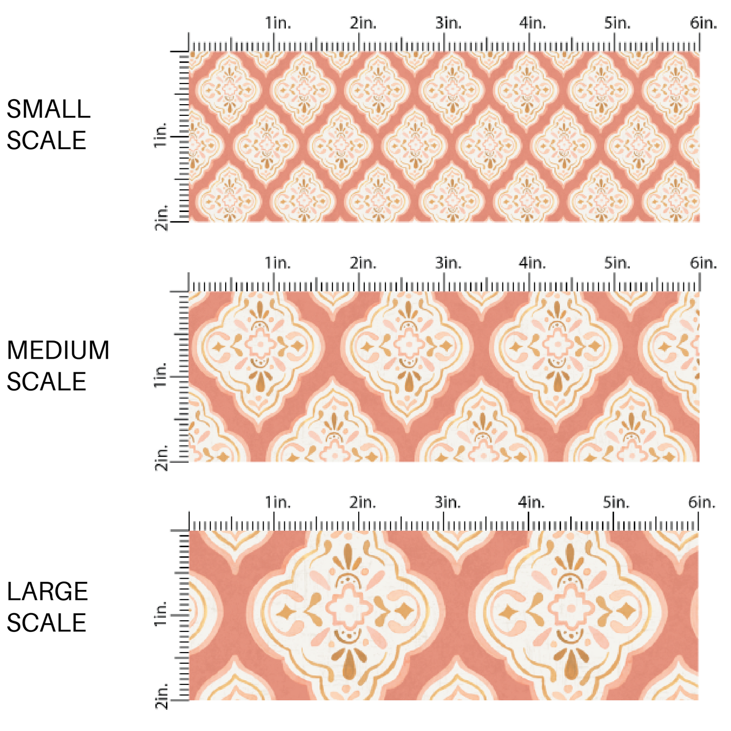 This scale chart of small scale, medium scale, and large scale of these boho pattern themed fabric by the yard features salmon boho medallion pattern. This fun pattern fabric can be used for all your sewing and crafting needs!