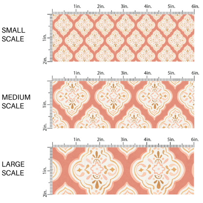 This scale chart of small scale, medium scale, and large scale of these boho pattern themed fabric by the yard features salmon boho medallion pattern. This fun pattern fabric can be used for all your sewing and crafting needs!