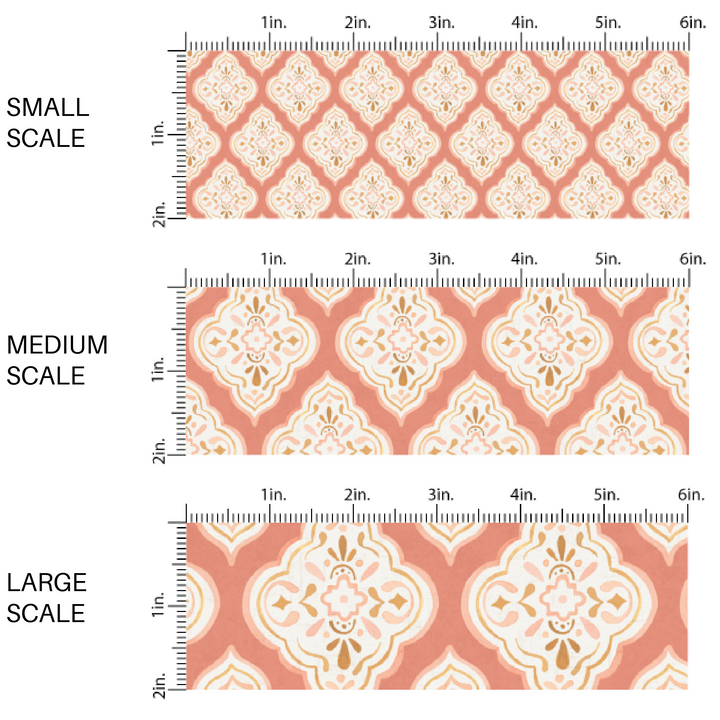 This scale chart of small scale, medium scale, and large scale of these boho pattern themed fabric by the yard features salmon boho medallion pattern. This fun pattern fabric can be used for all your sewing and crafting needs!