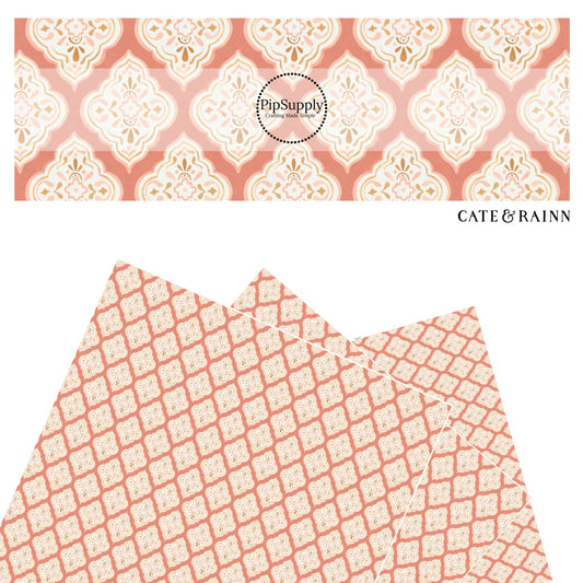 These boho pattern themed faux leather sheets contain the following design elements: salmon boho medallion pattern. Our CPSIA compliant faux leather sheets or rolls can be used for all types of crafting projects.