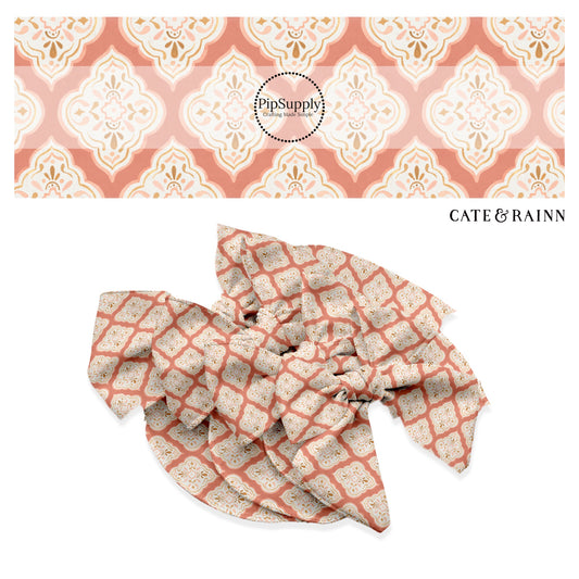 These boho pattern themed no sew bow strips can be easily tied and attached to a clip for a finished hair bow. These bow strips are great for personal use or to sell. The bow strips features salmon boho medallion pattern.
