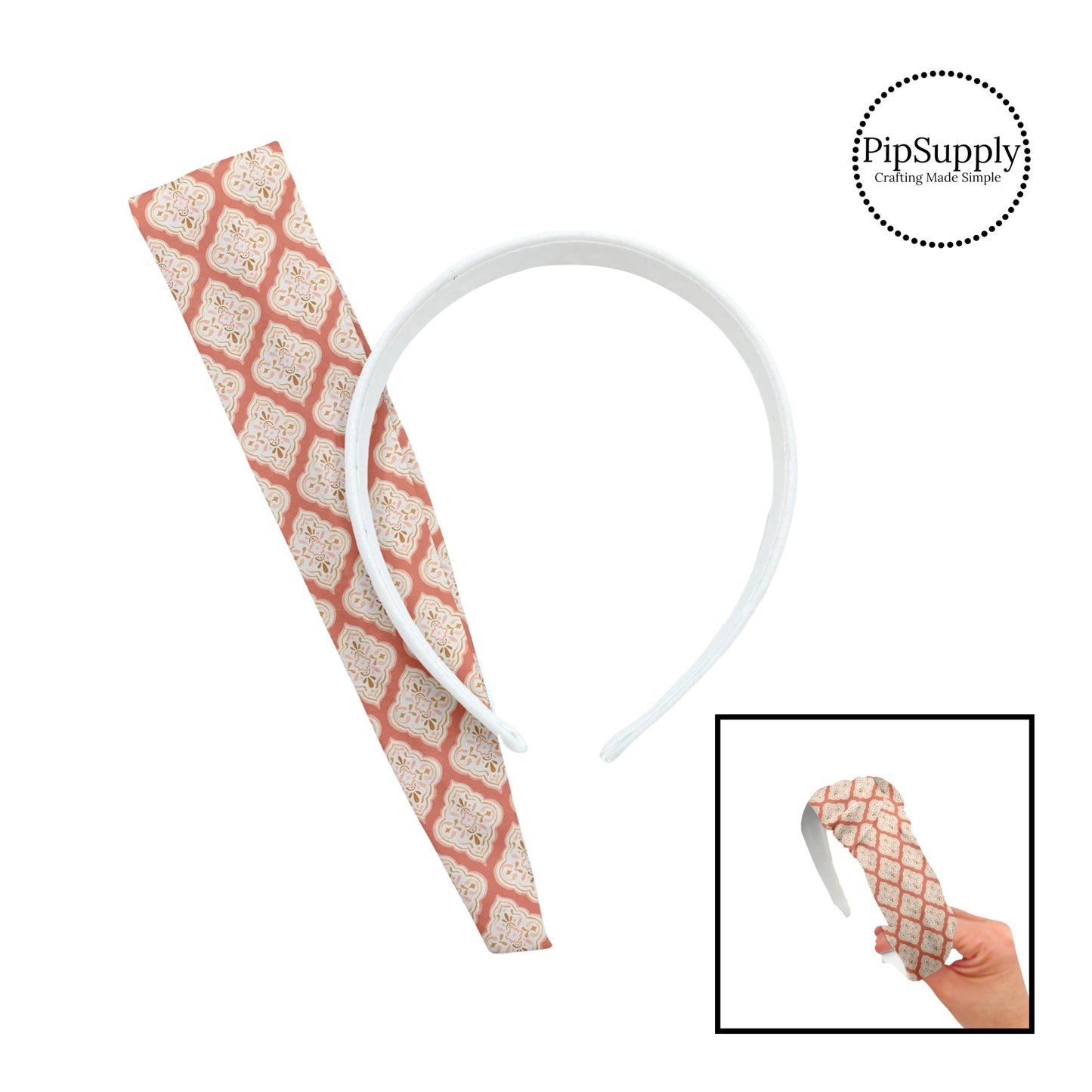 These boho pattern themed headband kits are easy to assemble and come with everything you need to make your own knotted headband. These pattern kits include a custom printed and sewn fabric strip and a coordinating headband. The headband kits features salmon boho medallion pattern.