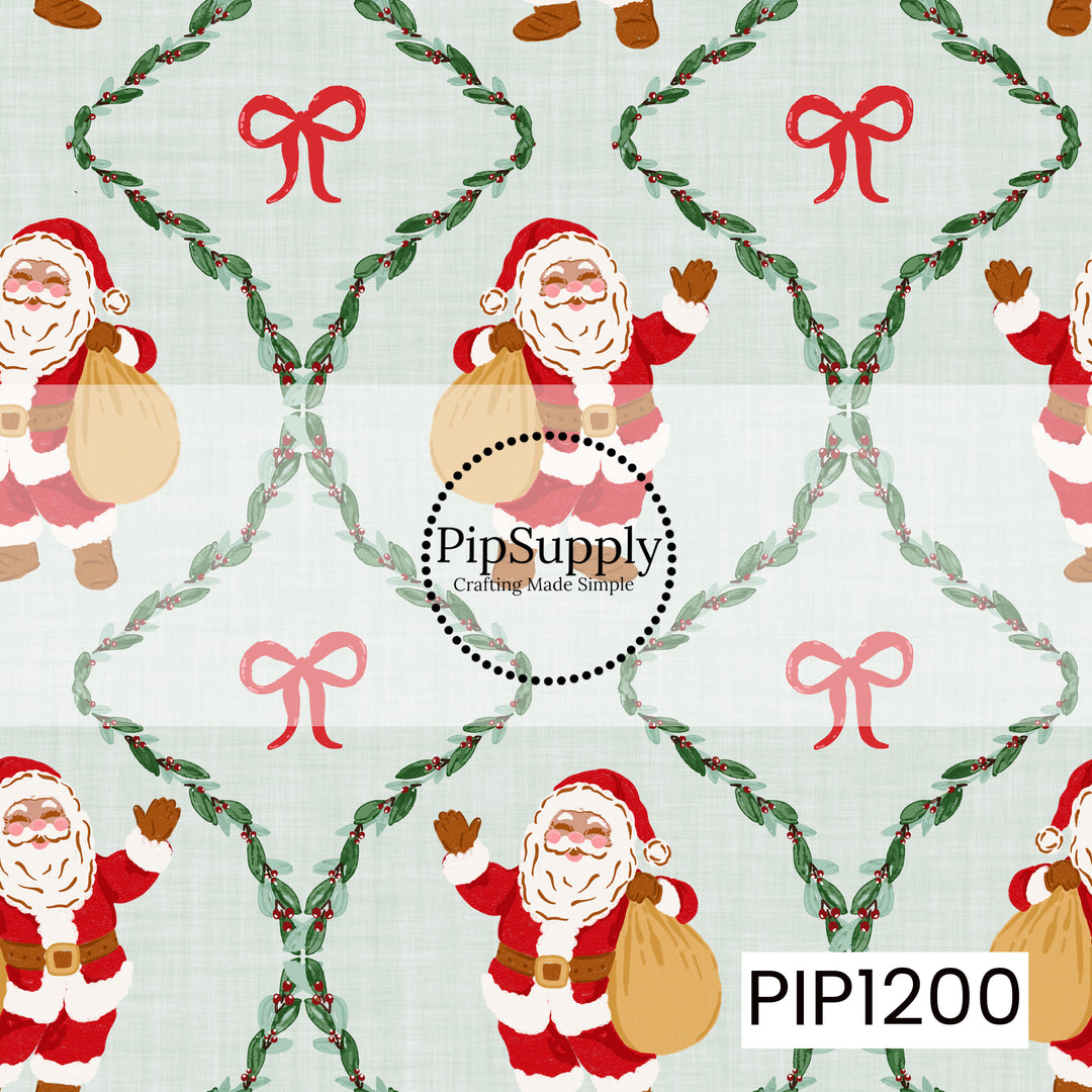 A sweet vintage-inspired Christmas pattern featuring cheerful Santas carrying toy sacks, surrounded by looping holly garlands with red berry accents. Bright red bows sit within the garland frames, all set against a soft, textured pale green background for a classic festive look.
