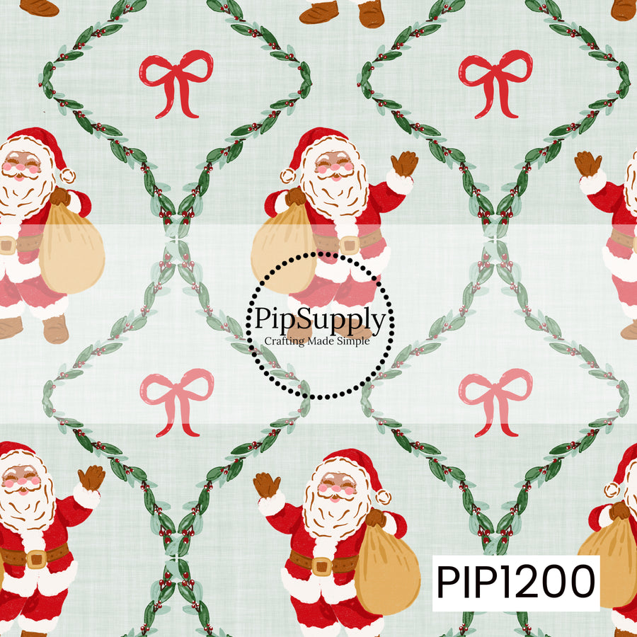 A sweet vintage-inspired Christmas pattern featuring cheerful Santas carrying toy sacks, surrounded by looping holly garlands with red berry accents. Bright red bows sit within the garland frames, all set against a soft, textured pale green background for a classic festive look.

