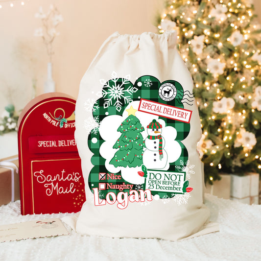 Personalized Christmas - Santa Sack - Green Gingham Pattern with a Snowman