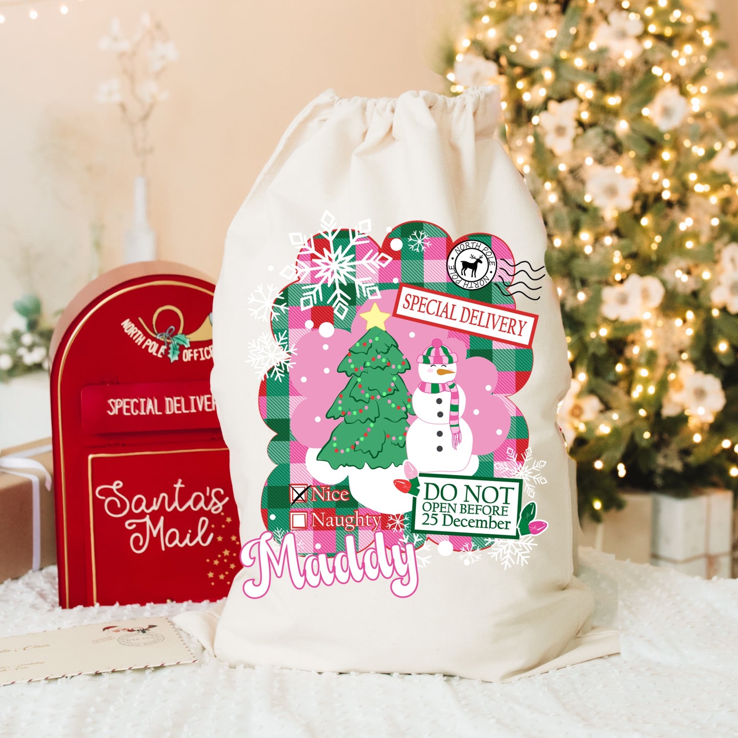 Personalized Christmas - Santa Sack - Pink and Green Gingham Pattern with a Snowman 