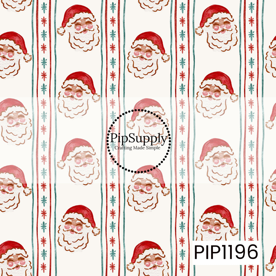A whimsical watercolor Christmas pattern featuring cheerful Santa faces scattered between vertical hand-painted stripes. Red and teal lines are accented with simple starburst details, creating a playful vintage-inspired holiday design on a warm cream background.
