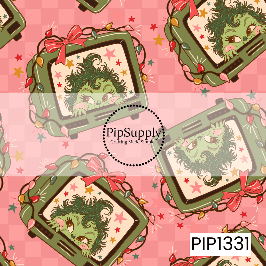 A whimsical retro Christmas pattern featuring a mischievous green holiday character peeking out from vintage olive green televisions. Each TV is wrapped in colorful Christmas lights and topped with oversized red and pink bows, surrounded by scattered retro stars in red, pink, mustard, and green. The illustrations are layered over a tonal pink checkerboard background for a playful, nostalgic holiday look.