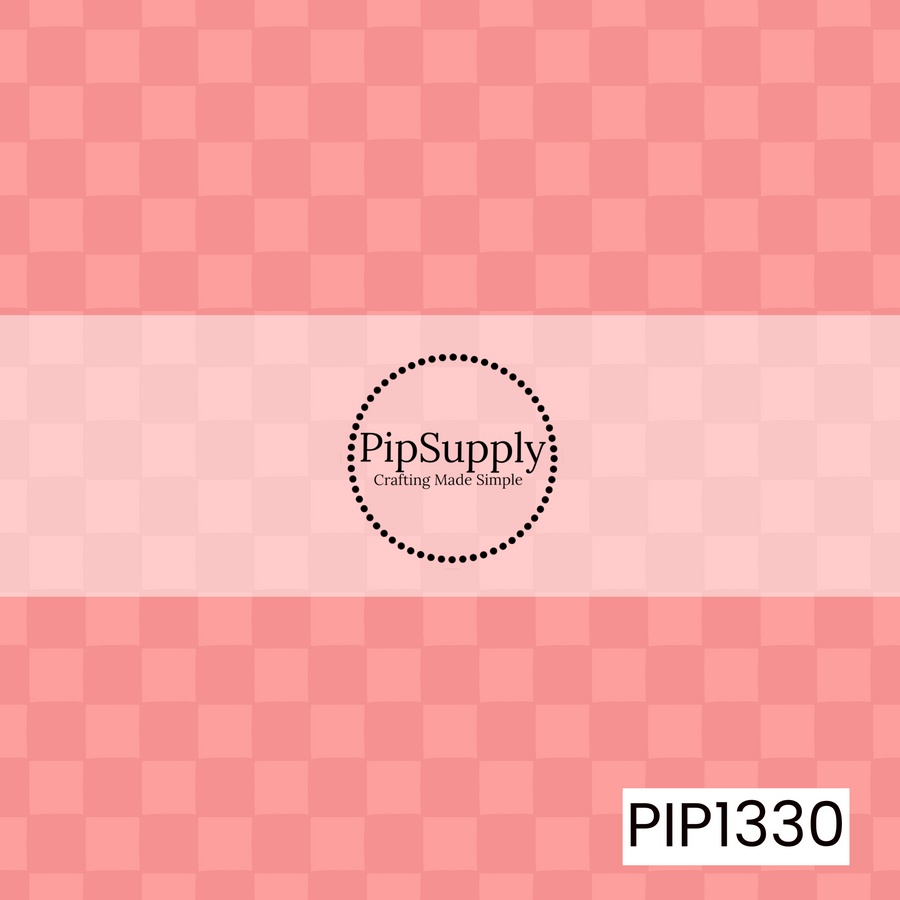 A soft tonal pink checkerboard pattern featuring alternating squares in two coordinating shades of blush and coral pink. The subtle color variation creates a simple retro checkered look with a warm, playful feel.