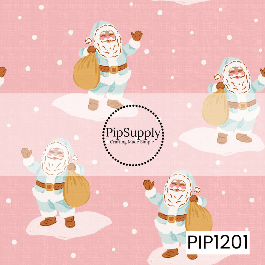 A whimsical Christmas pattern featuring cheerful Santas dressed in soft icy blue suits, carrying golden toy sacks and waving among falling snow. The sweet pink textured background and snowy white accents give the design a playful pastel holiday feel.
