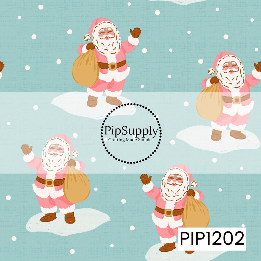 A playful pastel Christmas pattern featuring cheerful Santas dressed in pink suits, carrying golden toy sacks and waving from snowy patches. A soft icy blue textured background with scattered white snowflakes gives the design a sweet, whimsical winter feel.
