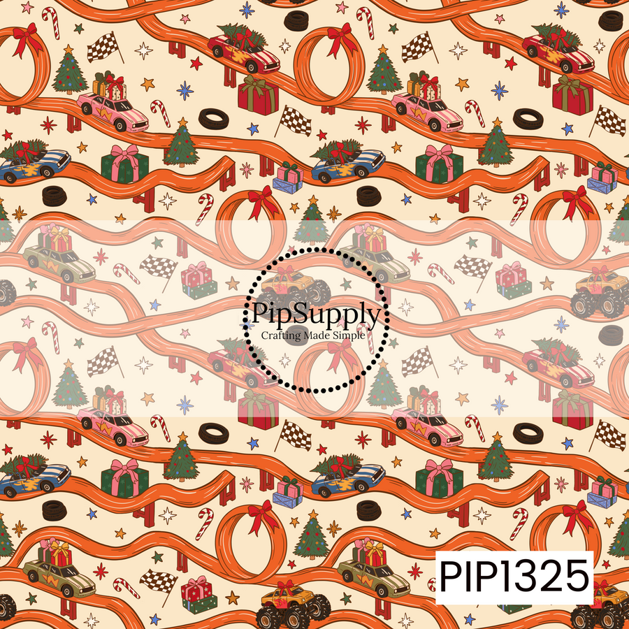 A playful retro Christmas racing pattern featuring winding orange toy racetracks filled with loops, curves, and jumps. Colorful race cars speed along the tracks carrying wrapped presents, Christmas trees, and holiday greenery, with a monster truck mixed into the action. Scattered candy canes, checkered racing flags, tires, bows, wrapped gifts, decorated Christmas trees, and colorful starbursts fill the warm cream background for a fun, nostalgic holiday toy theme.