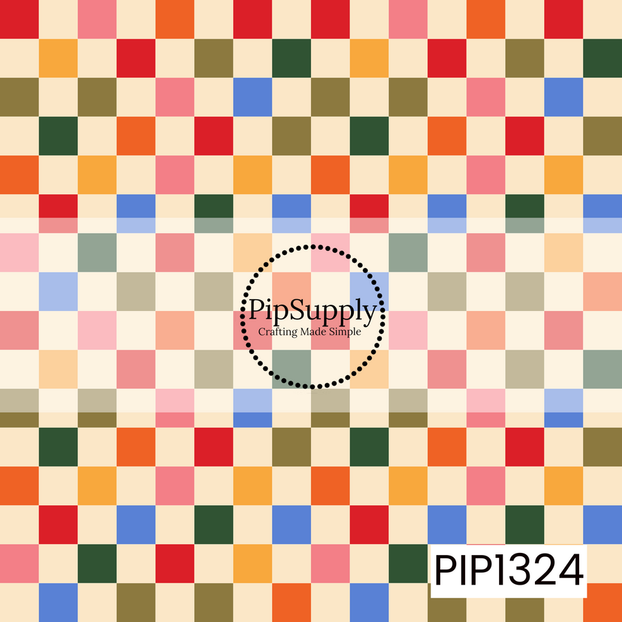 A retro checkerboard pattern featuring a warm cream base with scattered colorful squares in bright red, coral pink, orange, golden yellow, olive green, forest green, and periwinkle blue. The alternating blocks create a playful, slightly irregular patchwork look with a cheerful vintage-inspired color palette.