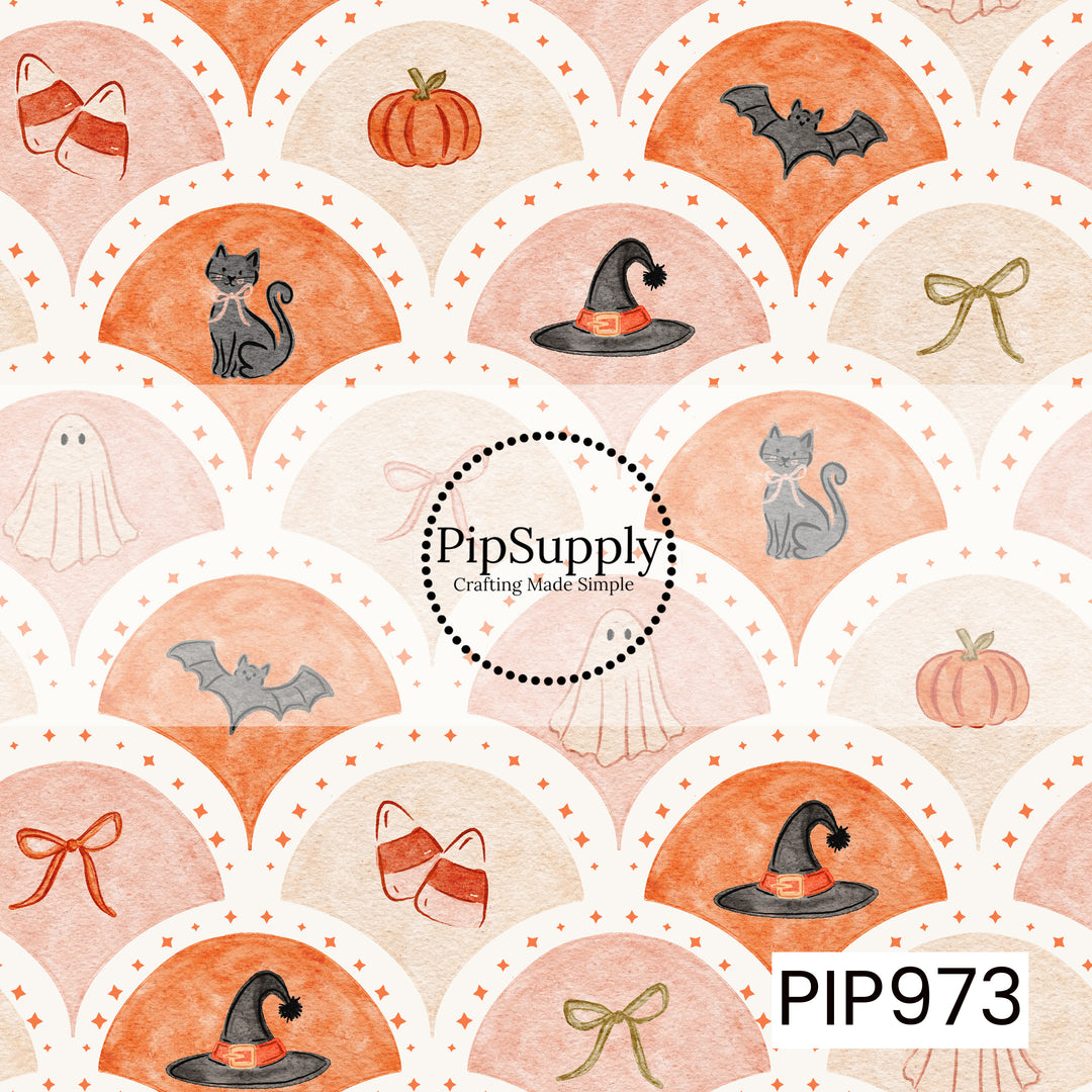 A whimsical watercolor Halloween design featuring scalloped arches filled with black cats, ghosts, bats, pumpkins, witch hats, bows, and candy corn. Soft shades of orange, blush, cream, and muted green are accented with tiny stars, creating a cozy, vintage-inspired Halloween pattern.
