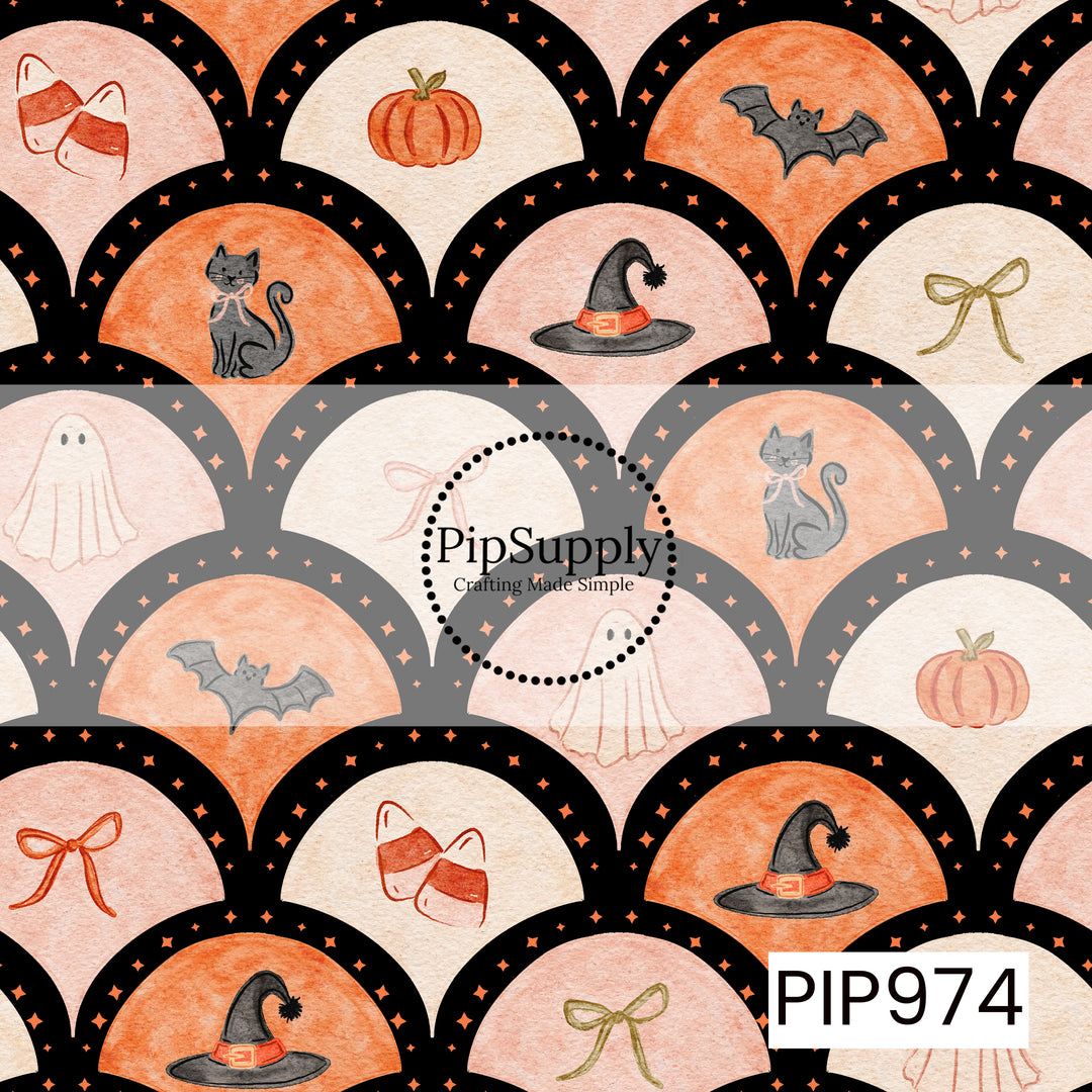 A whimsical watercolor Halloween design featuring scalloped arches outlined in black with tiny orange stars, filled with pumpkins, black cats, bats, ghosts, witch hats, bows, and candy corn. Set against a soft cream background with warm orange and blush tones, this pattern blends vintage charm with a classic Halloween feel.
