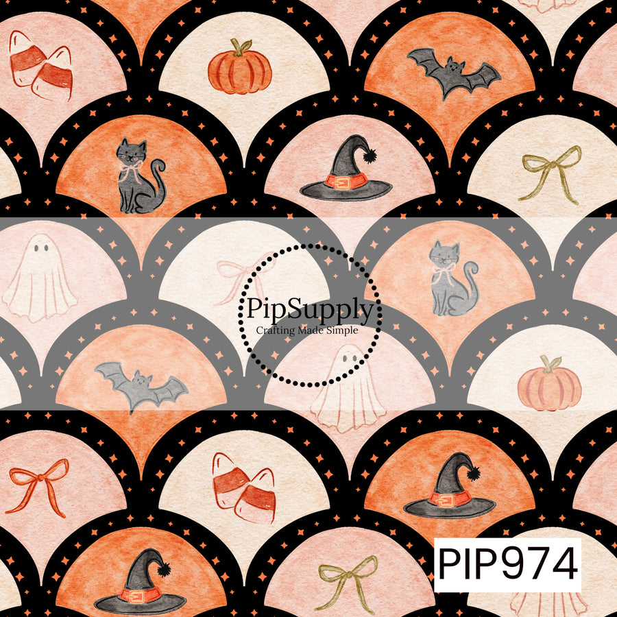 A whimsical watercolor Halloween design featuring scalloped arches outlined in black with tiny orange stars, filled with pumpkins, black cats, bats, ghosts, witch hats, bows, and candy corn. Set against a soft cream background with warm orange and blush tones, this pattern blends vintage charm with a classic Halloween feel.

