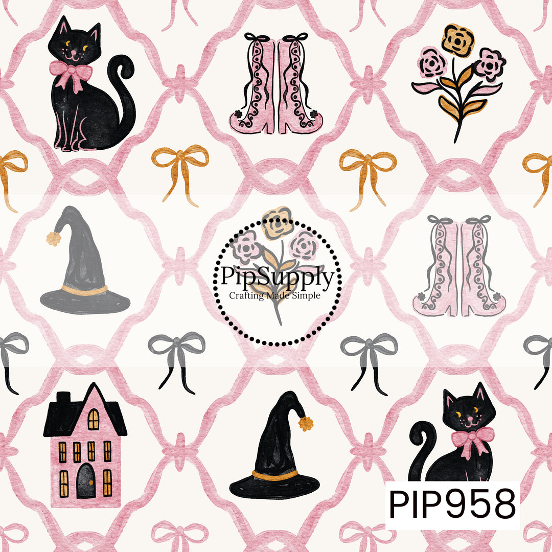 A whimsical Halloween pattern featuring a pink scalloped trellis filled with vintage-inspired icons including black cats with pink bows, witch hats, haunted houses, lace-up boots, florals, and delicate ribbon bows. Set on a soft cream background, this charming design blends feminine details with classic spooky elements for a sweet vintage Halloween look.
