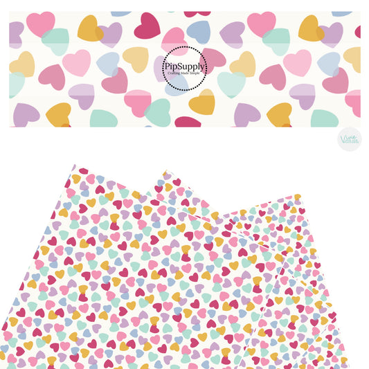 These Valentine's pattern themed faux leather sheets contain the following design elements: jewel toned rainbow colored hearts on cream. Our CPSIA compliant faux leather sheets or rolls can be used for all types of crafting projects.
