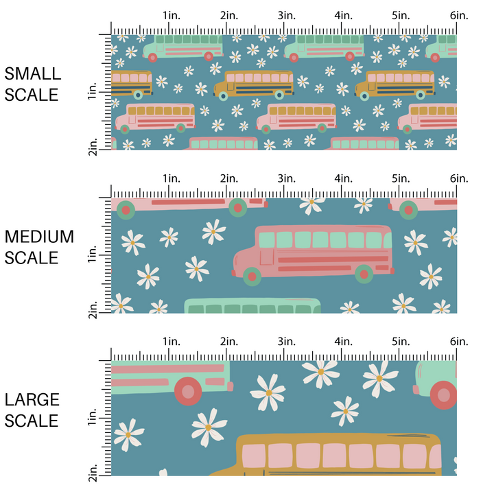 Blue fabric by the yard scaled image guide with pink, yellow, and aqua colored school buses and white daisies. 