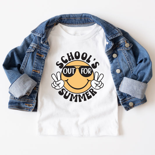 "School's Out For Summer" yellow smiley face holding up peace signs iron on heat transfer.