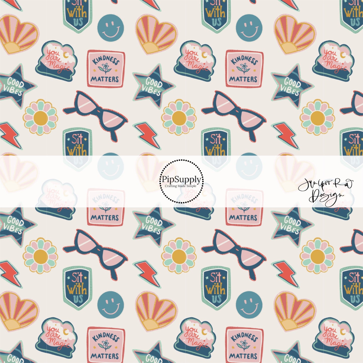 Smiley faces, glasses, lightning bolts, and flowers school themed stickers on cream fabric by the yard.