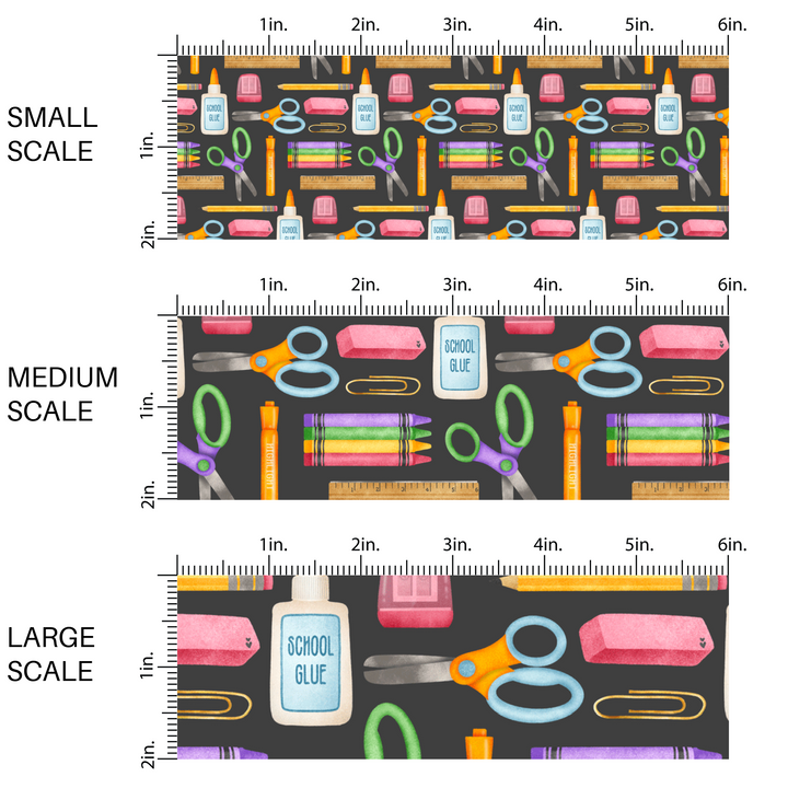 Black fabric by the yard scaled image guide with multi-colored school supplies such as scissors, glue, rulers, erasers, pencils, and paper clips.