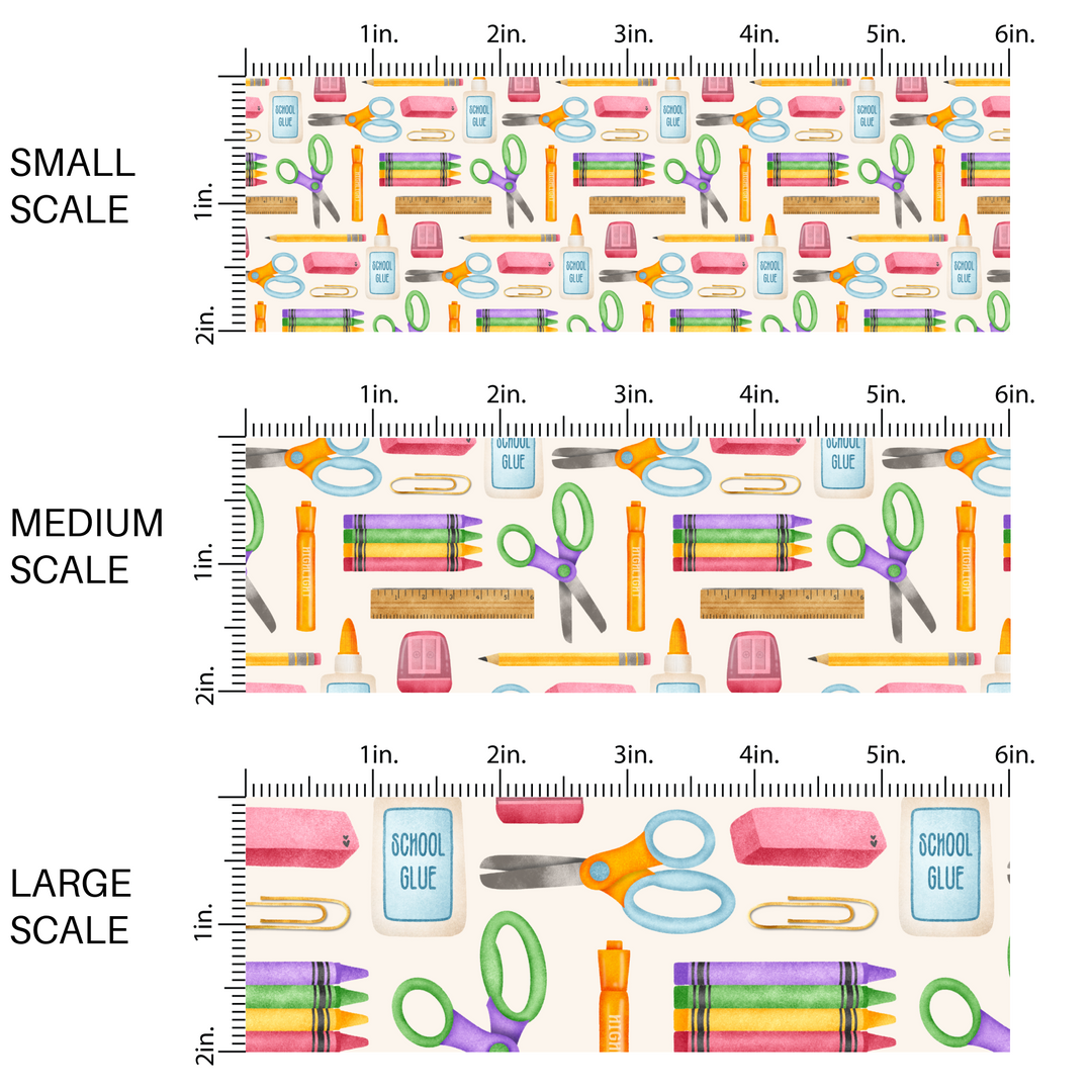 Cream colored fabric by the yard scaled image guide with common school supplies such as scissors, pencils, erasers, and glue.