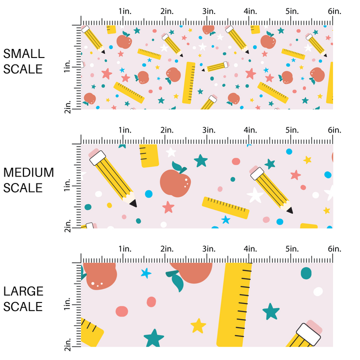 Light pink fabric by the yard scaled image guide with dots, stars, rulers, apples, and pencils.