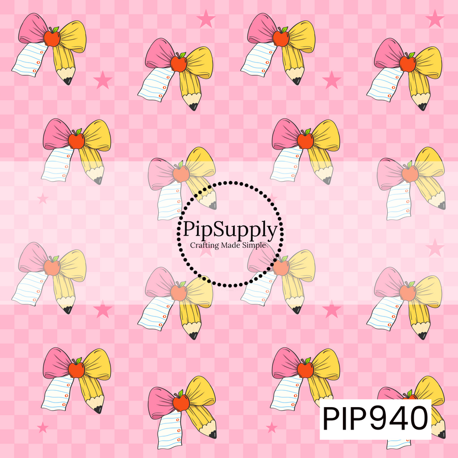 Cute school-inspired hair bows made from notebook paper, pencils, and red apples are scattered across a light pink checkerboard background with coordinating pink stars, creating a sweet and playful back-to-school seamless pattern.
