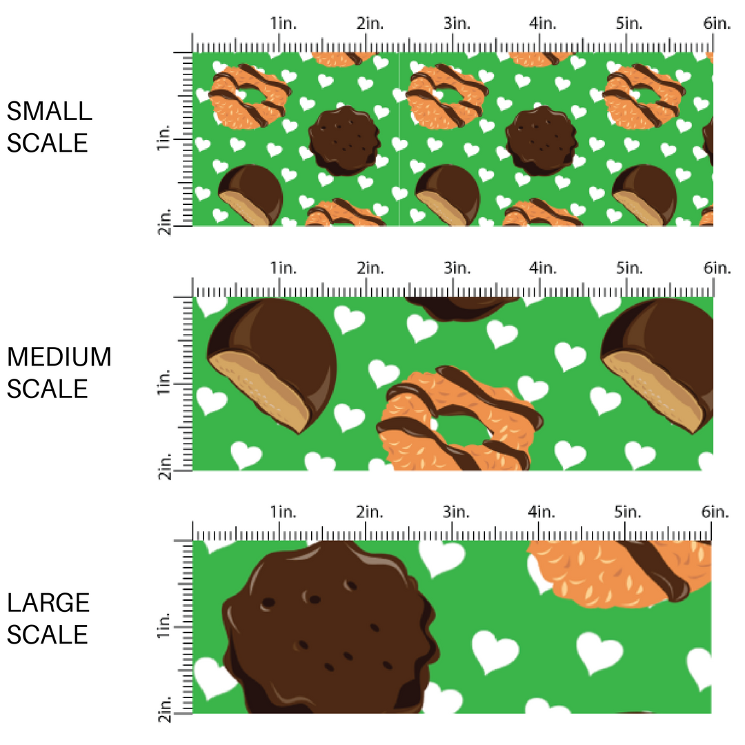 Classic Scout Cookies and White Hearts on Green Fabric by the Yard scaled image guide.