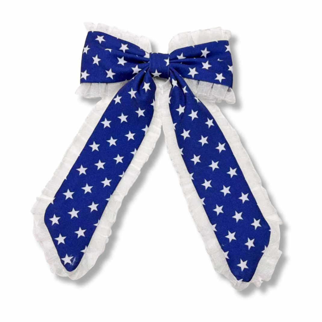 Freedom Star Ruffle Long Tail Hair Tied Bow w/ Clip
