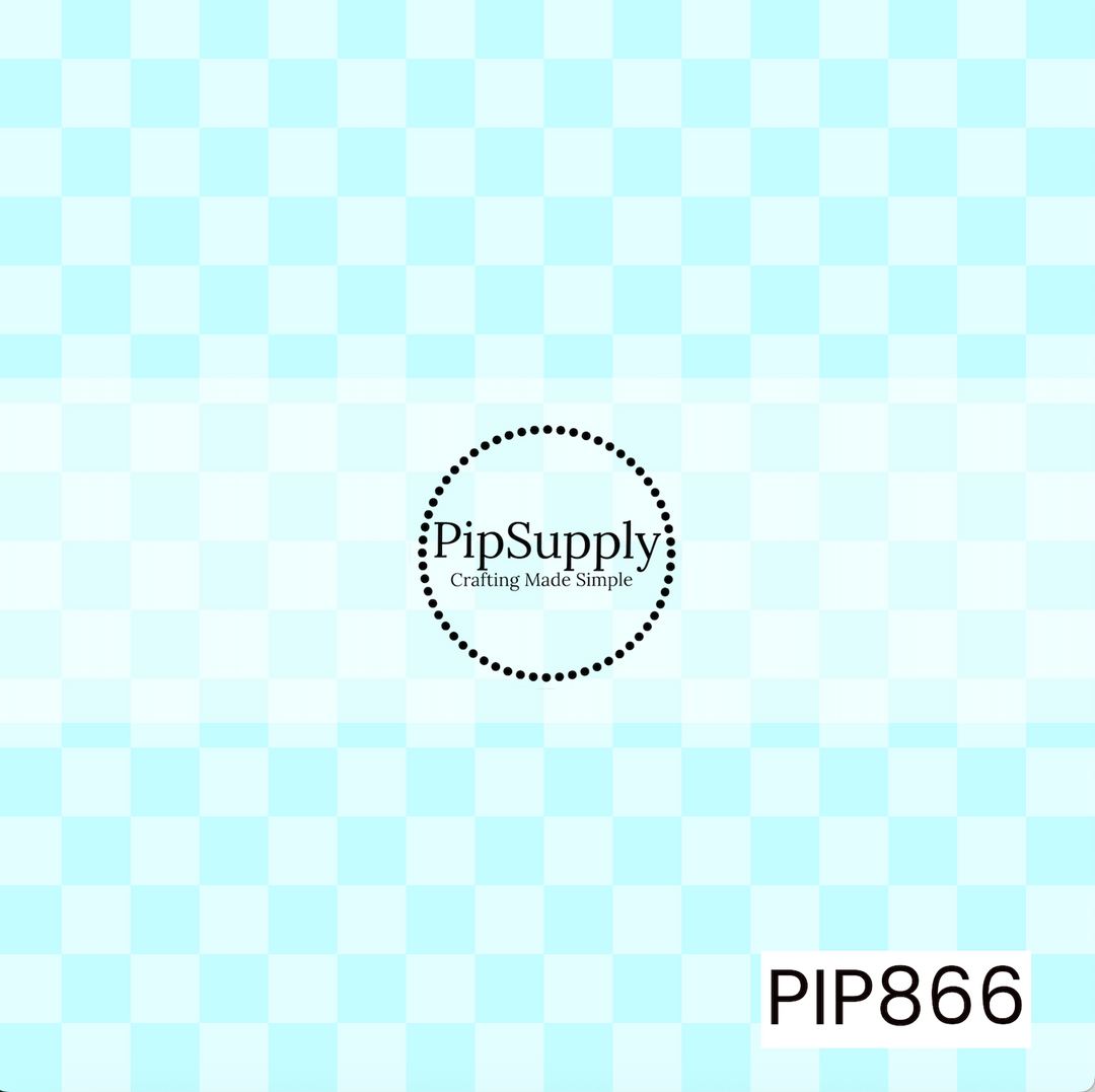 A classic checkerboard pattern featuring alternating squares in soft aqua blue and pale icy blue. 
