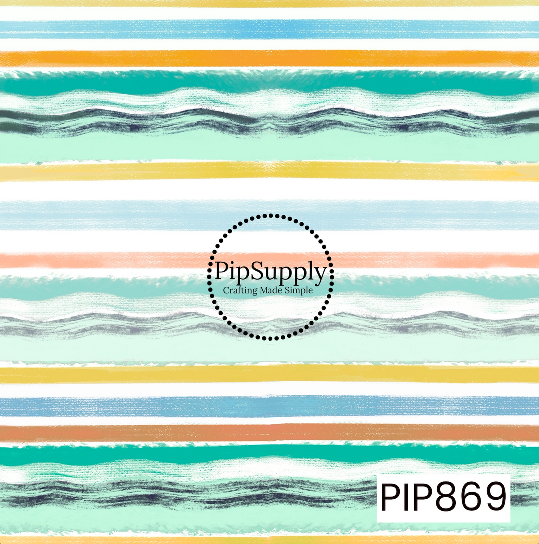 A hand-painted watercolor stripe pattern featuring layered horizontal bands in aqua, mint, seafoam green, sky blue, peach, golden yellow, tan, white, and charcoal gray. Soft brushstroke textures and flowing wave-like accents create a coastal, beach-inspired feel, while the fresh pastel palette adds a light and cheerful touch. Perfect for summer-themed designs, seaside collections, bows, apparel, and coordinating craft projects.
