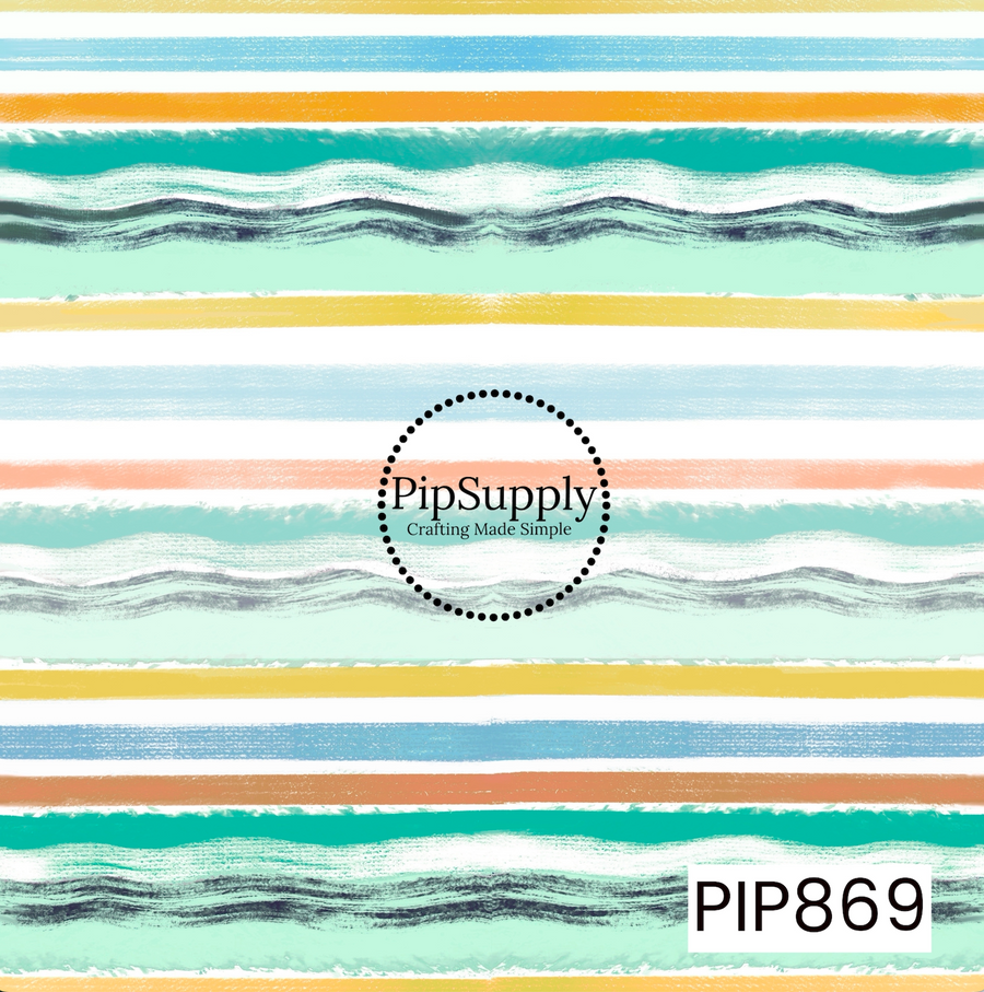 A hand-painted watercolor stripe pattern featuring layered horizontal bands in aqua, mint, seafoam green, sky blue, peach, golden yellow, tan, white, and charcoal gray. Soft brushstroke textures and flowing wave-like accents create a coastal, beach-inspired feel, while the fresh pastel palette adds a light and cheerful touch. Perfect for summer-themed designs, seaside collections, bows, apparel, and coordinating craft projects.
