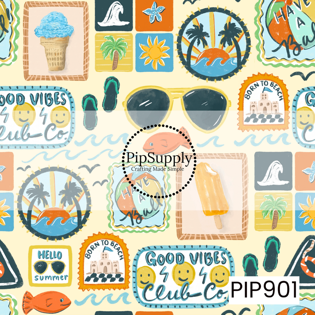 A playful coastal collage pattern featuring vintage-inspired summer icons, including sunglasses, flip-flops, ice cream, popsicles, palm trees, sunshine, ocean waves, fish, beach stamps, and cheerful “Good Vibes” and “Hello Summer” graphics. Rendered in a colorful hand-painted style with soft retro hues, the design captures the fun, nostalgia, and carefree spirit of sunny beach days and seaside adventures.
