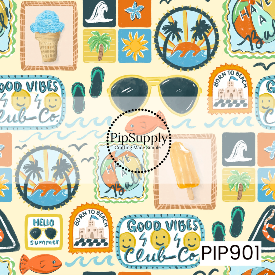 A playful coastal collage pattern featuring vintage-inspired summer icons, including sunglasses, flip-flops, ice cream, popsicles, palm trees, sunshine, ocean waves, fish, beach stamps, and cheerful “Good Vibes” and “Hello Summer” graphics. Rendered in a colorful hand-painted style with soft retro hues, the design captures the fun, nostalgia, and carefree spirit of sunny beach days and seaside adventures.
