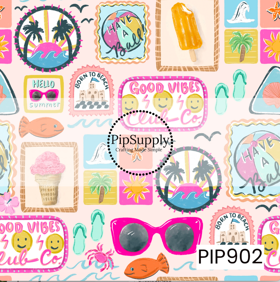 A playful coastal collage pattern featuring colorful summer icons, including sunglasses, flip-flops, ice cream, popsicles, palm trees, sunshine, fish, beach stamps, seashells, and cheerful “Good Vibes” and “Hello Summer” graphics. Set against a soft blush pink background, the design combines bright tropical colors and retro-inspired artwork for a fun, sunny beach-day aesthetic.
