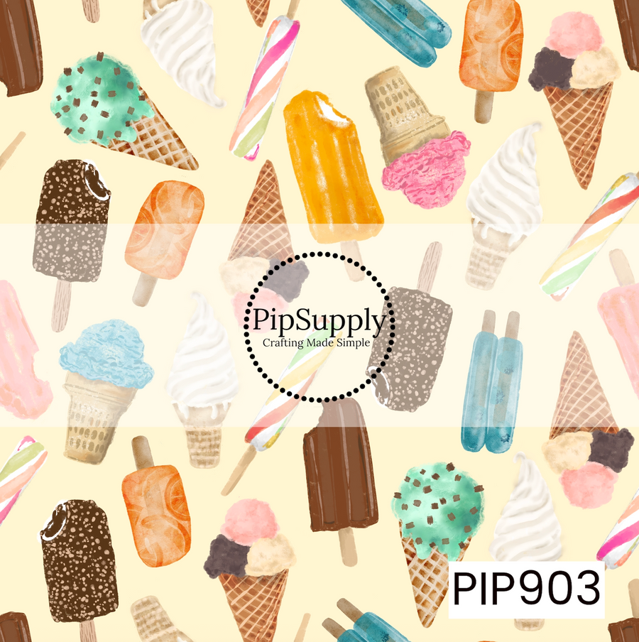 A fun summer dessert pattern featuring a colorful assortment of ice cream cones, soft-serve treats, popsicles, and frozen bars scattered across a creamy light yellow background. Rendered in a soft watercolor style with pastel and bright hues, the design captures the sweet, nostalgic charm of sunny beach days and summertime treats.
