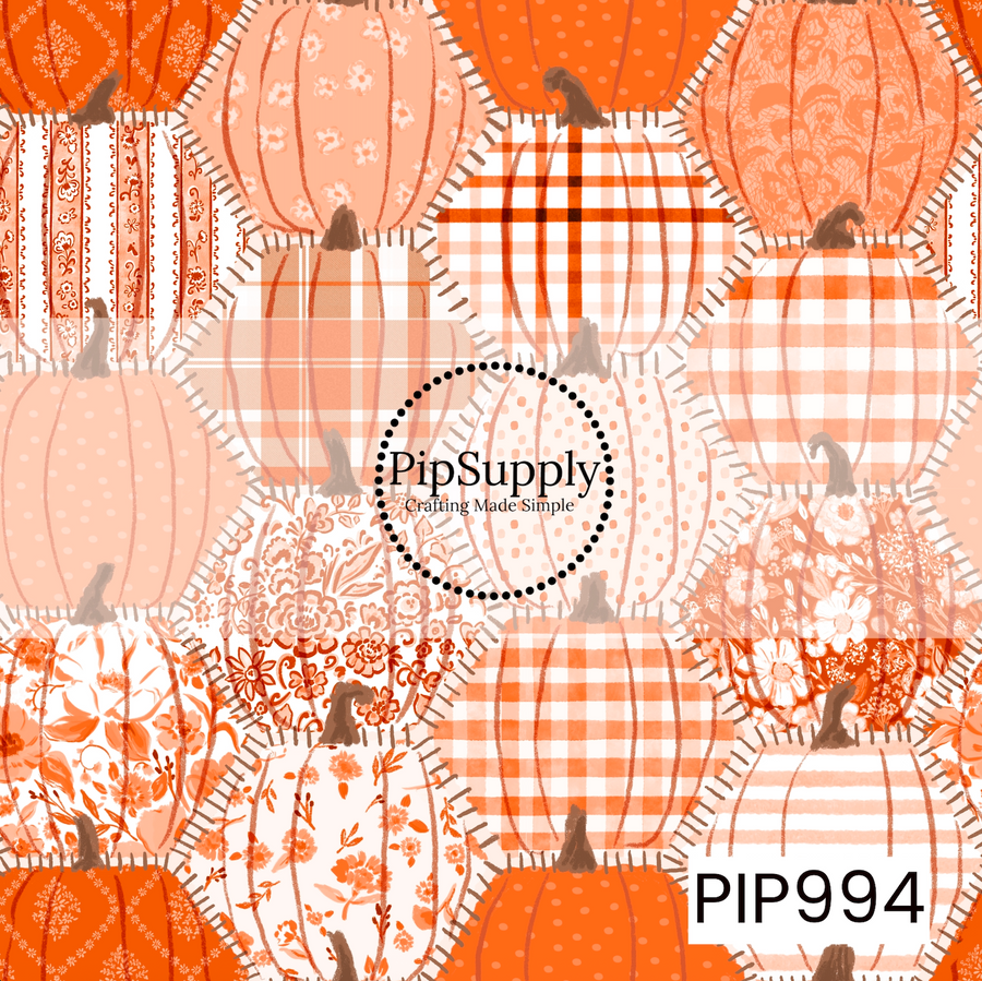 A cozy fall seamless patchwork pattern featuring hand-painted pumpkins filled with a variety of coordinating designs including plaid, gingham, florals, polka dots, stripes, and delicate botanical prints. Each pumpkin is outlined with stitched details and arranged in a repeating layout using warm shades of orange, peach, cream, and soft tan, creating a charming vintage-inspired autumn design.
