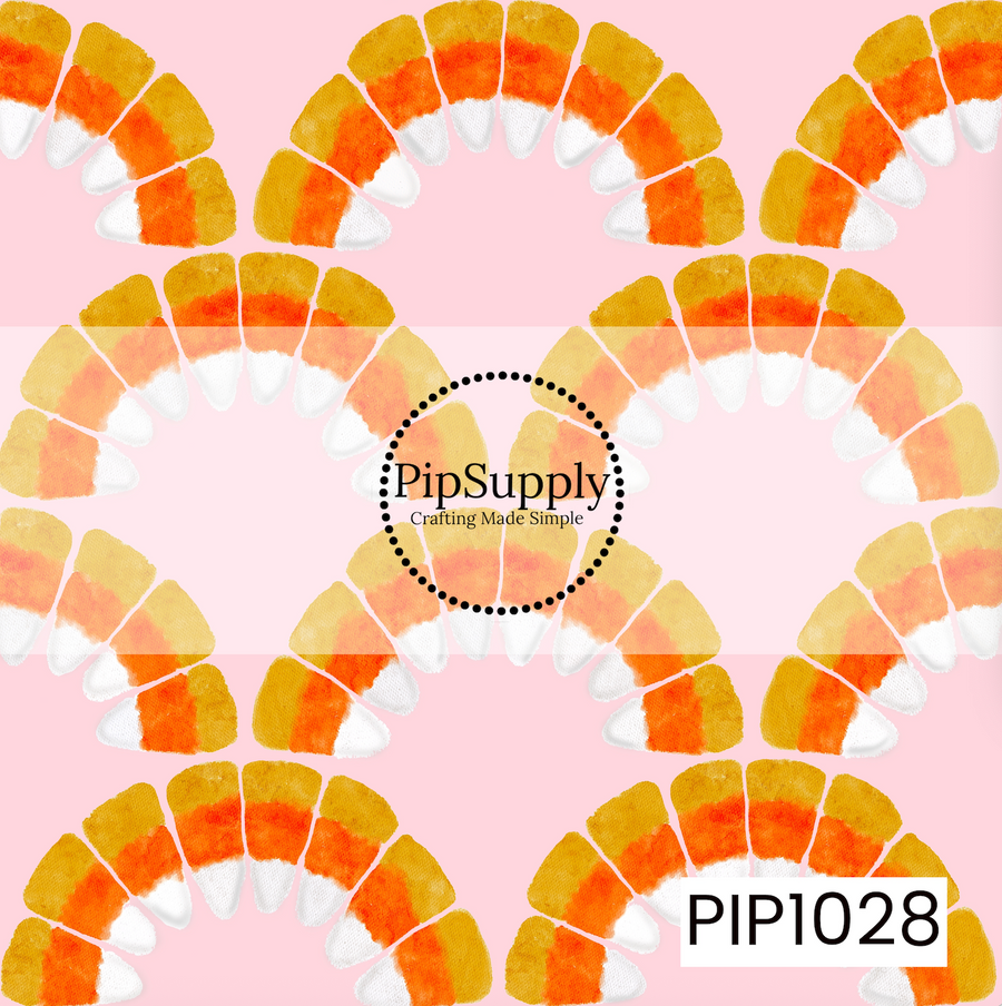 A playful seamless pattern featuring watercolor candy corn arranged in scalloped arches across a soft blush pink background. The hand-painted candy corn in warm shades of yellow, orange, and white creates a sweet, whimsical design that perfectly captures the fun of Halloween while adding a charming pastel touch to any fall collection.
