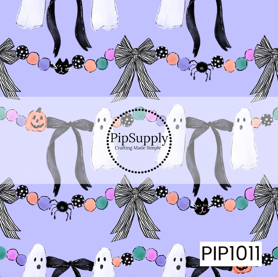 A playful Halloween seamless pattern featuring ghost bows, black-and-white striped bows, colorful bead garlands, and tiny black cats, spiders, and jack-o'-lanterns scattered across a soft periwinkle background. The hand-drawn artwork and pastel color palette create a fun retro Halloween design with a sweet spooky charm.
