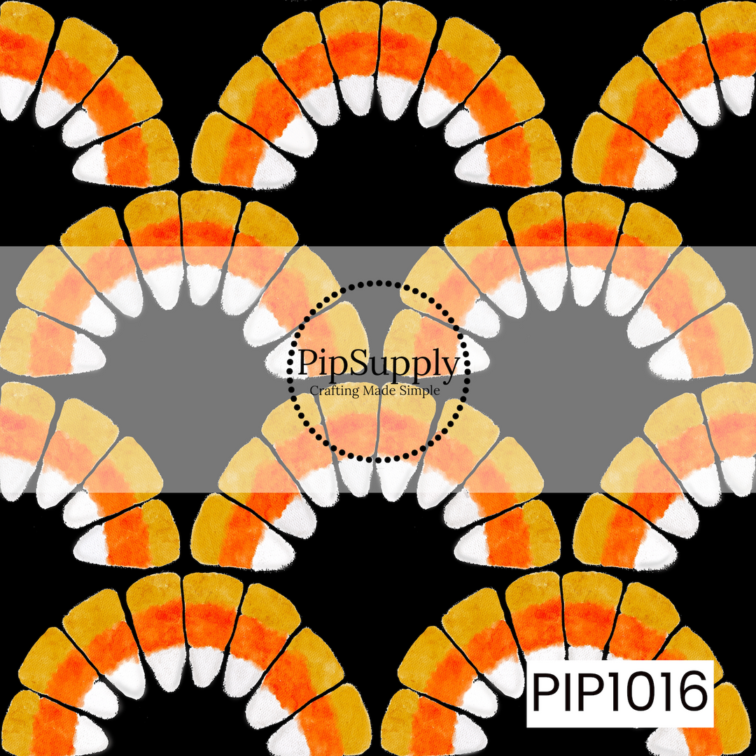 A playful Halloween pattern featuring watercolor candy corn arranged in repeating scalloped arches on a bold black background. The classic yellow, orange, and white treats create a fun, festive design that's perfect for coordinating with spooky and fall-inspired collections.
