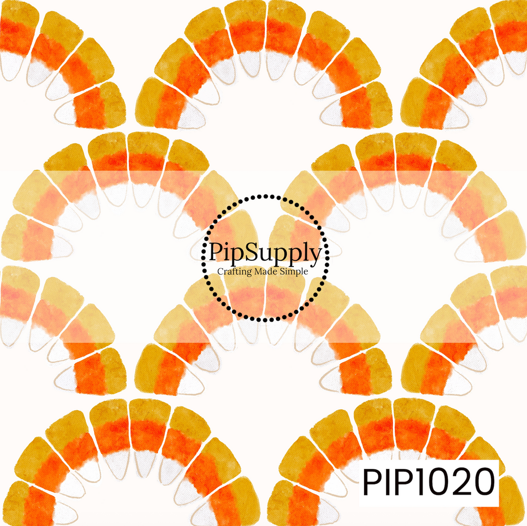 A sweet Halloween pattern featuring watercolor candy corn arranged in repeating scalloped arches on a soft cream background. The classic candy corn colors create a cheerful coordinating print that's perfect for Halloween and fall-inspired designs.
